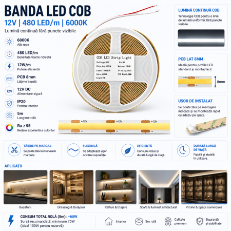 Banda LED COB 12V 5m, 480 LED/m, 6000K alb rece, 8mm, pentru mobilier, vitrine si profile LED [1]
