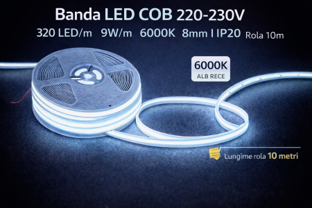 Banda LED COB alb rece, 6000K, 220–230V, 320 LED/m, 9W/m, 8mm, rola 10m, lumina continua, iluminat interior, decorativ, IP20 [1]