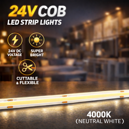 Banda LED COB alb natural, 4000K, 24V, 480 LED/m, 14W/m, 8mm, rola 10m, lumina continua, iluminat interior, decorativ, IP20 [1]