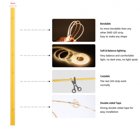 Banda LED COB alb rece, 6500K, 12V DC, 400 LEDs/m, 5m, latime 3mm, IP20 [4]