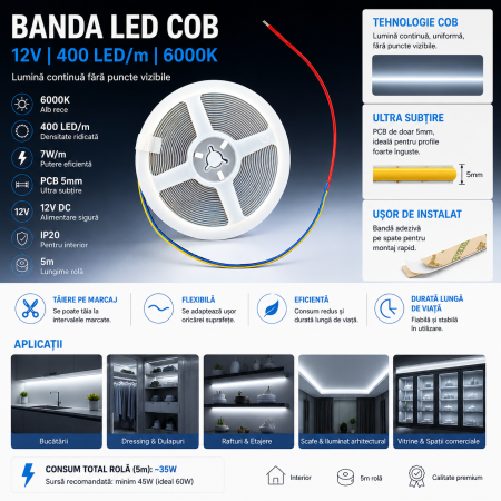 Banda LED COB 12V 5m, alb rece 6000K, 400 LED/m, 5mm, pentru mobilier, vitrine, rafturi si profile LED [1]