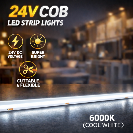 Banda LED COB alb rece, 6000K, 24V, 480 LED/m, 14W/m, 8mm, rola 10m, lumina continua, iluminat interior, decorativ, IP20 [1]