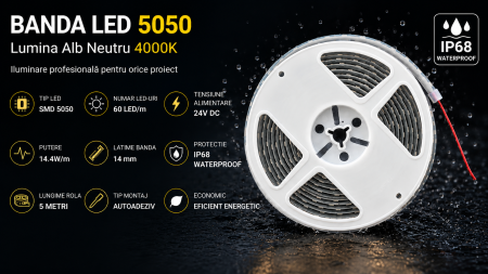 Banda LED SMD 60 LEDs/m, latime 14mm, 4000K (alb natural), 14.4W/m, 24V DC, 5m, IP68 [1]