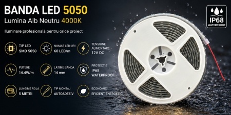 Banda LED SMD 60 LEDs/m, latime 14mm, 4000K (alb natural), 14.4W/m, 12V DC, 5m, IP68 [3]