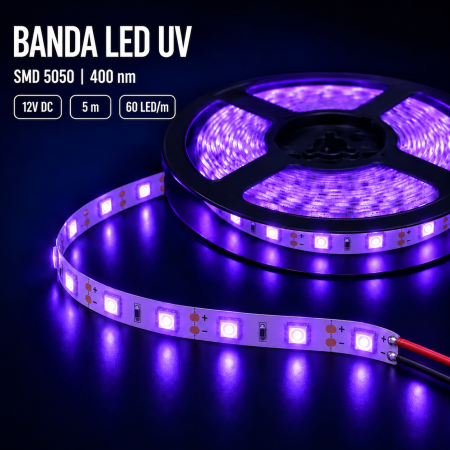 Banda LED UV SMD 5050, 400 nm, 12V, 5 m, 60 LED/m, IP20 – efecte fluorescente (5050-12v-uv-rola) [1]