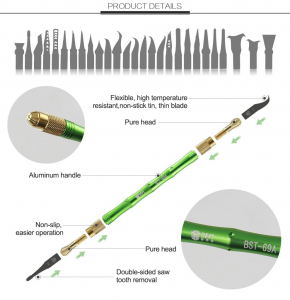 Set lame pentru reparatii electronice, BEST, BST-69A, 27 lame de precizie, maner aluminiu 13cm, verde [3]