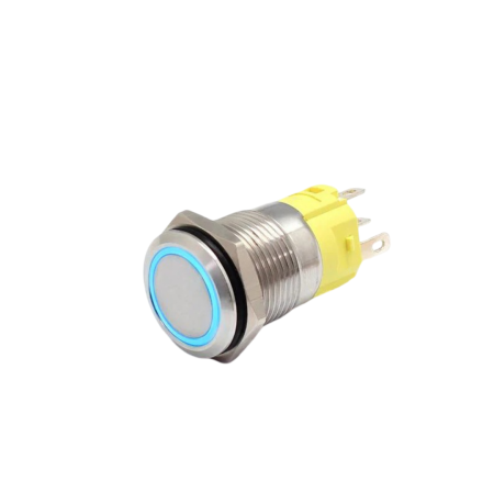 Intrerupatoare si comutatoare de circuit - Buton push iluminat cu mentinere, 5A 12–24V DC, 16mm, IP67, metalic, inel LED albastru, 5 pini, FLM16-FJ-1-EX000-S11Z5-BLUE