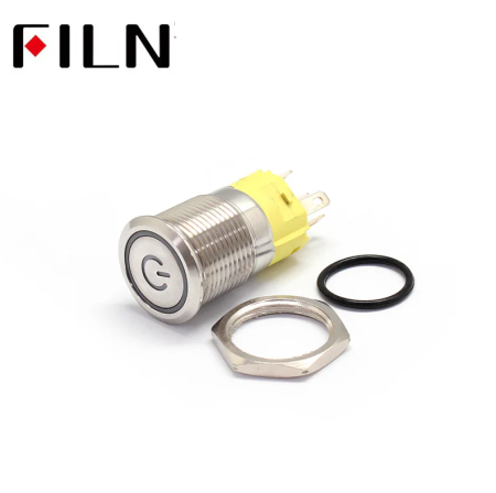 Buton push iluminat cu mentinere, 5A 12–24V DC, 16mm, IP67, metalic, inel LED albastru, 5 pini, FLM16-FJ-1-EC003-S11Z5-BLUE [5]