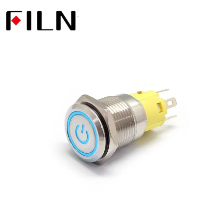 Buton push iluminat cu mentinere, 5A 12–24V DC, 16mm, IP67, metalic, inel LED albastru, 5 pini, FLM16-FJ-1-EC003-S11Z5-BLUE [1]