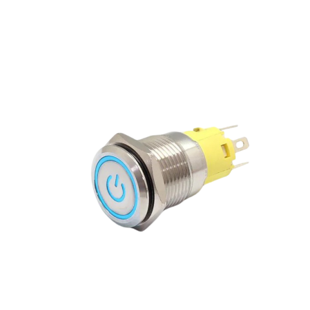 Intrerupatoare si comutatoare de circuit - Buton push iluminat cu mentinere, 5A 12–24V DC, 16mm, IP67, metalic, inel LED albastru, 5 pini, FLM16-FJ-1-EC003-S11Z5-BLUE