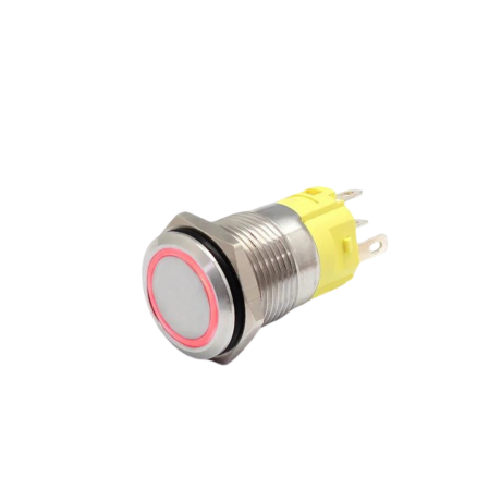 Intrerupatoare si comutatoare de circuit - Buton push iluminat cu mentinere, 5A 12–24V DC, 16mm, IP67, metalic, inel LED rosu, 5 pini, FLM16-FJ-1-EX000-S11Z5-RED