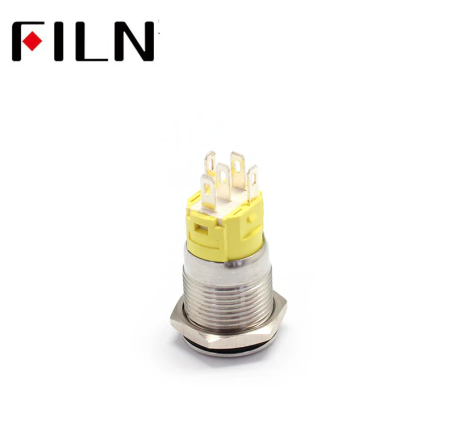 Buton push iluminat cu mentinere, 5A 12–24V DC, 16mm, IP67, metalic, inel LED rosu, 5 pini, FLM16-FJ-1-EC003-S11Z5-RED [4]
