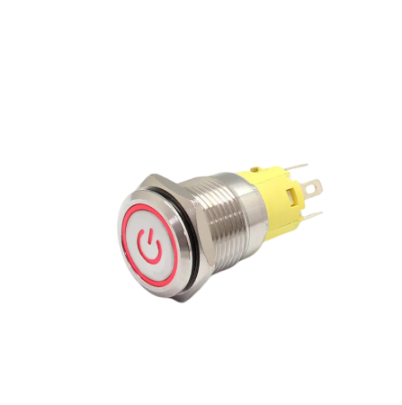 Intrerupatoare si comutatoare de circuit - Buton push iluminat cu mentinere, 5A 12–24V DC, 16mm, IP67, metalic, inel LED rosu, 5 pini, FLM16-FJ-1-EC003-S11Z5-RED
