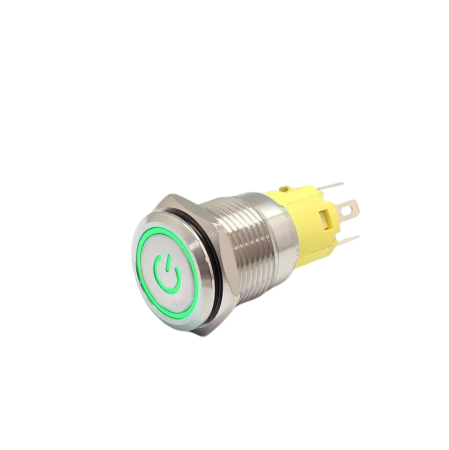 Intrerupatoare si comutatoare de circuit - Buton push iluminat cu mentinere, 5A 12–24V DC, 16mm, IP67, metalic, inel LED verde, 5 pini, FLM16-FJ-1-EC003-S11Z5-GREEN