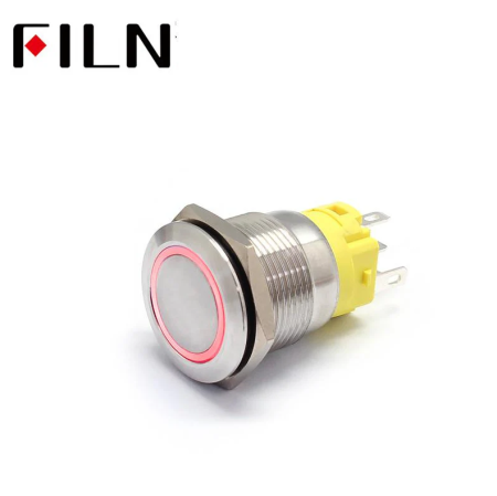 Buton push iluminat cu mentinere, 5A 12V DC, 19mm, IP67, metalic, inel LED rosu, 5 pini, FLM19-FJ-1-EX000-N11Z5-RED [1]