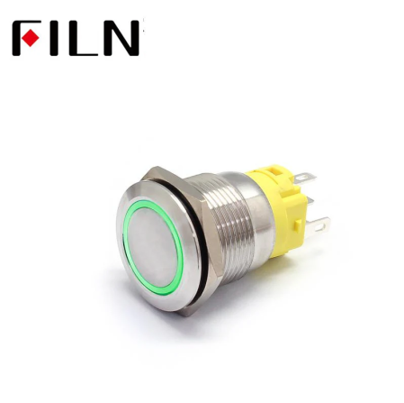 Buton push iluminat cu mentinere, 5A 12V DC, 19mm, IP67, metalic, inel LED verde, 5 pini, FLM19-FJ-1-EX000-N11Z5-GREEN [1]
