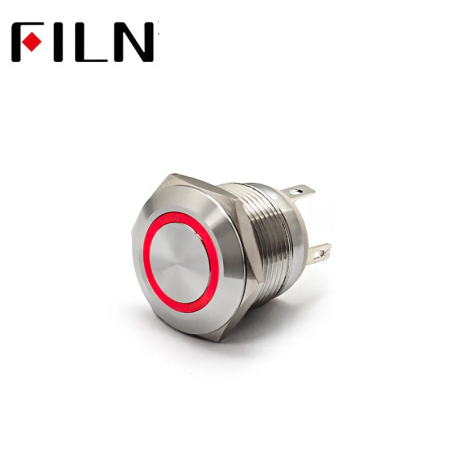 Buton push iluminat cu mentinere, 20A 12–24V DC, 19mm, IP67, metalic, inel LED rosu, 4 pini, FLM19-FJ-6-EX000-S11Z4-RED [1]