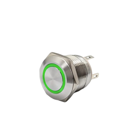 Intrerupatoare si comutatoare de circuit - Buton push iluminat cu mentinere, 20A 12–24V DC, 19mm, IP67, metalic, inel LED verde, 4 pini, FLM19-FJ-6-EX000-S11Z4-GREEN
