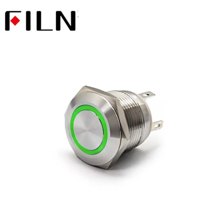 Buton push iluminat cu mentinere, 20A 12–24V DC, 19mm, IP67, metalic, inel LED verde, 4 pini, FLM19-FJ-6-EX000-S11Z4-GREEN [1]