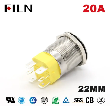 Buton push iluminat cu mentinere, 20A 12–24V DC, 22mm, IP68, metalic, inel LED albastru, 6 pini, FLM22-FJ-6-EX000-S11Z5-BLUE [2]