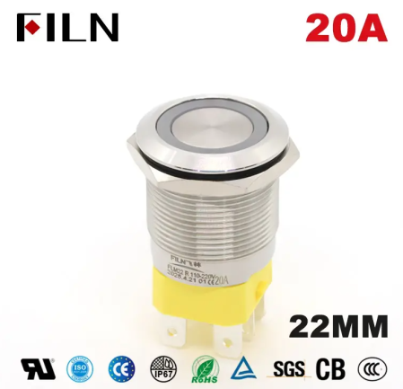 Buton push iluminat cu mentinere, 20A 12–24V DC, 22mm, IP68, metalic, inel LED rosu, 6 pini, FLM22-FJ-6-EX000-S11Z5-RED [1]