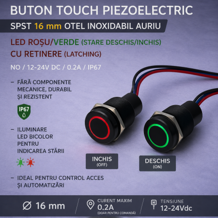Buton tactil SPST 16mm, metalic negru, LED rosu/verde, NO, 12-24V DC, 0.2A, IP67, cu retinere [1]