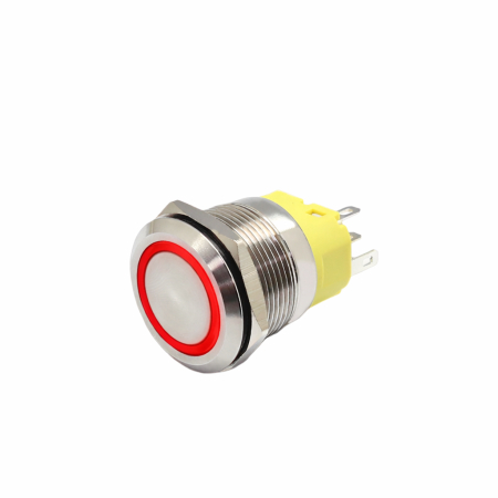 Intrerupatoare si comutatoare de circuit - Buton push iluminat cu mentinere, 5A 12–24V DC, 22mm, IP65, metalic, inel LED rosu, 5 pini, FLM22-FJ-1-EX000-S11Z5-RED