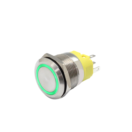 Intrerupatoare si comutatoare de circuit - Buton push iluminat cu mentinere, 5A 12–24V DC, 22mm, IP65, metalic, inel LED verde, 5 pini, FLM22-FJ-1-EX000-S11Z5-GREEN