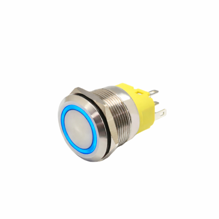 Intrerupatoare si comutatoare de circuit - Buton push iluminat cu mentinere, 5A 12–24V DC, 22mm, IP65, metalic, inel LED albastru, 5 pini, FLM22-FJ-1-EX000-S11Z5-BLUE