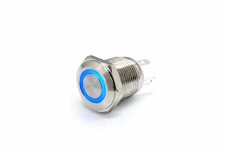 Intrerupatoare si comutatoare de circuit - Buton push iluminat fara mentinere, 3A 12V DC, 16mm, IP67, metalic, inel LED albastru, 4 pini, FLM16-FJ-2-EX000-S10M4-BLUE