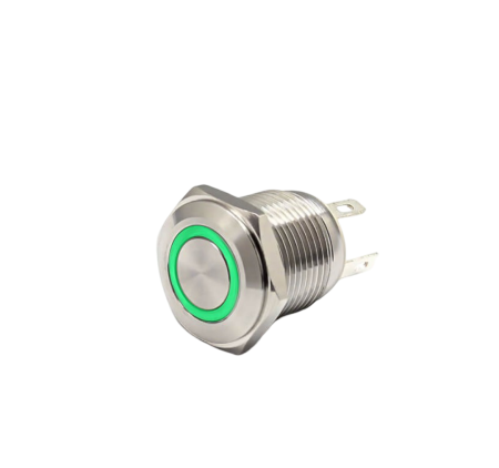 Intrerupatoare si comutatoare de circuit - Buton push iluminat fara mentinere, 3A 12V DC, 16mm, IP67, metalic, inel LED verde, 4 pini, FLM16-FJ-2-EX000-S10M4-GREEN