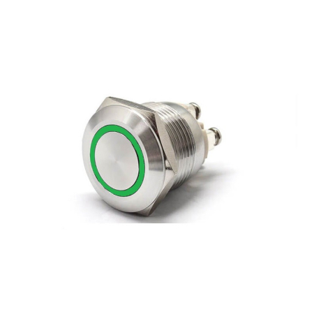 Intrerupatoare si comutatoare de circuit - Buton Push Metalic, 12V DC, 19mm, fara Retinere, Led Verde, conectare cu surub