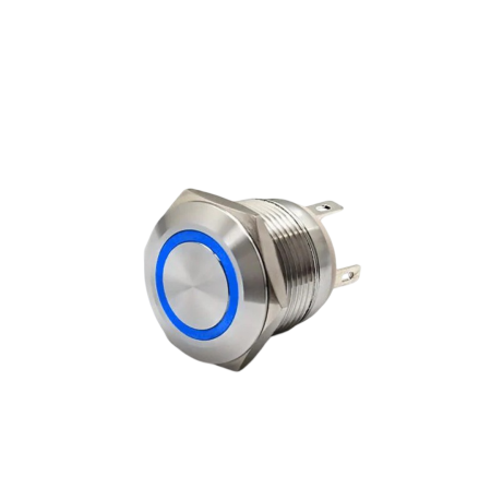 Intrerupatoare si comutatoare de circuit - Buton push iluminat fara mentinere, 20A 12–24V DC, 19mm, IP67, metalic, inel LED albastru, 4 pini, FLM19-FJ-6-EX000-S11M4-BLUE