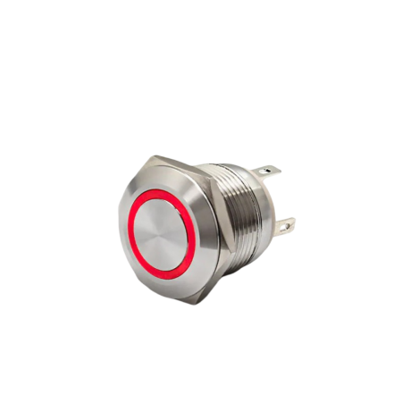 Intrerupatoare si comutatoare de circuit - Buton push iluminat fara mentinere, 20A 12–24V DC, 19mm, IP67, metalic, inel LED rosu, 4 pini, FLM19-FJ-6-EX000-S11M4-RED