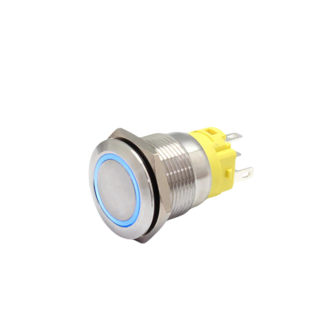 Intrerupatoare si comutatoare de circuit - Buton push iluminat fara mentinere, 5A 12V DC, 19mm, IP67, metalic, inel LED albastru, 5 pini, FLM19-FJ-1-EX000-S11M6-BLUE
