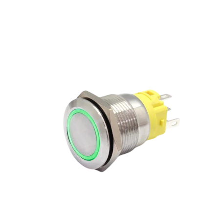 Intrerupatoare si comutatoare de circuit - Buton push iluminat fara mentinere, 5A 12V DC, 19mm, IP67, metalic, inel LED verde, 5 pini, FLM19-FJ-1-EX000-S11M5-GREEN