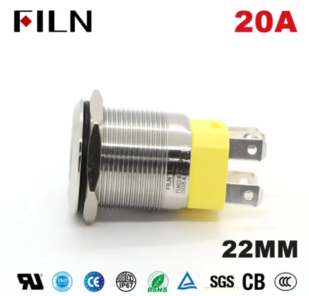 Buton push iluminat fara mentinere (momentary), 20A 12–24V DC, 22mm, IP68, metalic, LED rosu, 6 pini, FLM22-FJ-6-EX000-S11M5-RED [1]