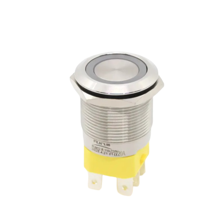 Intrerupatoare si comutatoare de circuit - Buton push iluminat fara mentinere (momentary), 20A 12–24V DC, 22mm, IP68, metalic, LED rosu, 6 pini, FLM22-FJ-6-EX000-S11M5-RED