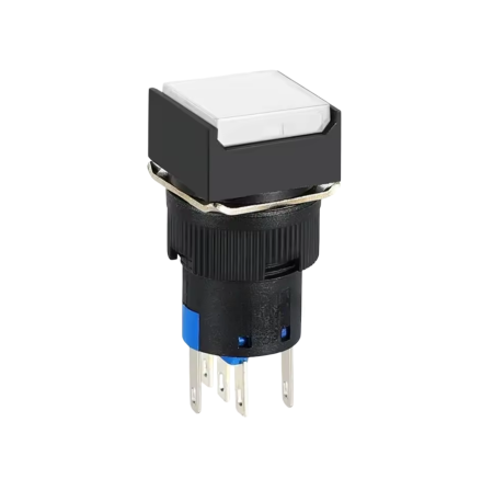 Intrerupatoare si comutatoare de circuit - Buton intrerupator push fara mentinere patrat 16mm, plastic, 12V DC, 1NO 1NC, lumina alba FLP16-NJ-6-WHITE