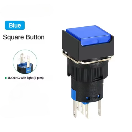 Buton intrerupator push fara mentinere patrat 16mm, plastic, 12V DC, 1NO 1NC, lumina albastra FLP16-NJ-6-BLUE [1]