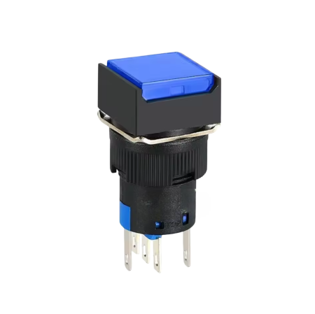 Intrerupatoare si comutatoare de circuit - Buton intrerupator push fara mentinere patrat 16mm, plastic, 12V DC, 1NO 1NC, lumina albastra FLP16-NJ-6-BLUE