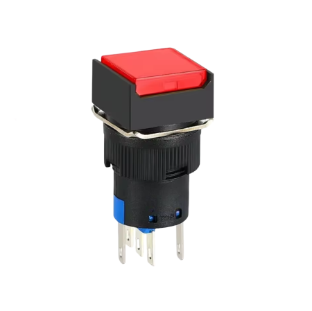 Intrerupatoare si comutatoare de circuit - Buton intrerupator push fara mentinere patrat 16mm, plastic, 12V DC, 1NO 1NC, lumina rosie FLP16-NJ-6-RED