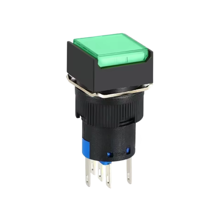 Intrerupatoare si comutatoare de circuit - Buton intrerupator push fara mentinere patrat 16mm, plastic, 12V DC, 1NO 1NC, lumina verde FLP16-NJ-6-GREED