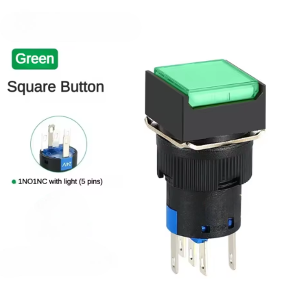 Buton intrerupator push fara mentinere patrat 16mm, plastic, 12V DC, 1NO 1NC, lumina verde FLP16-NJ-6-GREED [1]