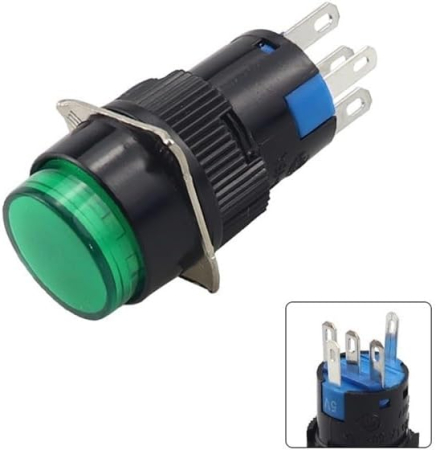 Intrerupatoare si comutatoare de circuit - Buton rocker rotund iluminat verde, ON–OFF fara mentinere, 3A 5-24V DC, NO-NC, Ø17.5 mm, montaj panou, FLP16-NJ-1-GREEN