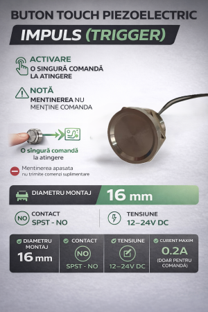Buton tactil piezoelectric SPST, 16mm, metalic silver, NO, 12-24V DC, 0.2A, IP67, impuls (trigger) [2]