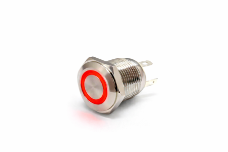 Intrerupatoare si comutatoare de circuit - Buton push iluminat fara mentinere, 3A 12V DC, 16mm, IP67, metalic, inel LED rosu, 4 pini, FLM16-FJ-2-EX000-S10M4-RED