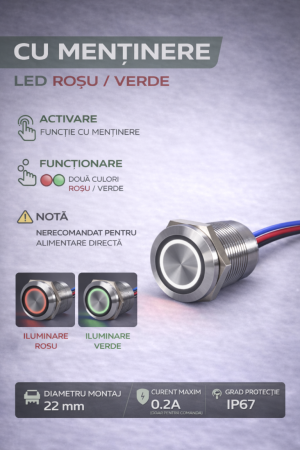 Buton tactil piezoelectric SPST 16mm, metalic silver, LED rosu/verde, NO, 12-24V DC, 0.2A, IP67, cu mentinere [1]