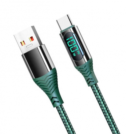 Cabluri USB - Cablu incarcare telefon 100W, USB - Type C, 1 m, verde, LCD Display DC45-G