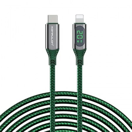 Cabluri USB - Cablu incarcare telefon 20W PD, Type C - Lightning, 1 m, verde, LCD Display DC41-G